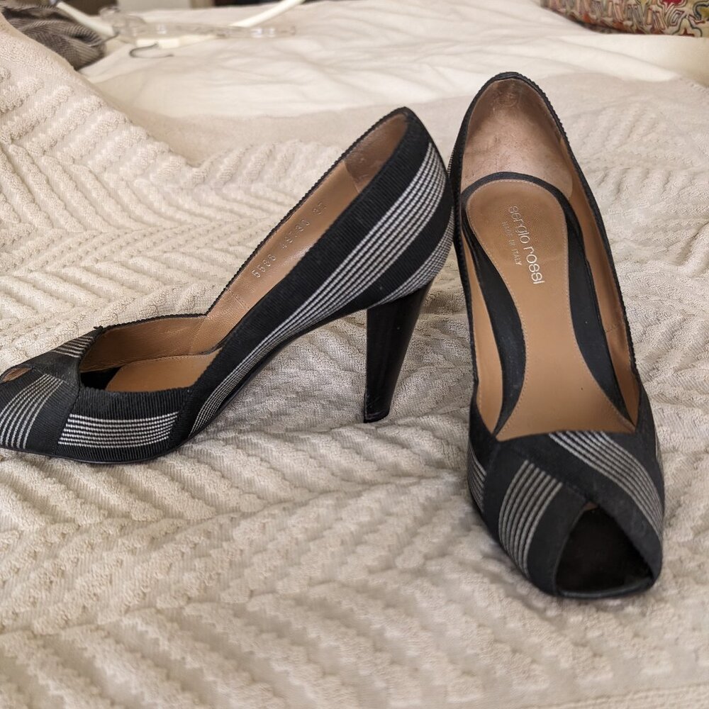 Black and white cloth shoe with black wood heel; size 37